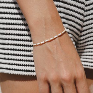 Mother of Pearl Tube Bead Bracelet: Gold Accents, Adjustable Jewelry