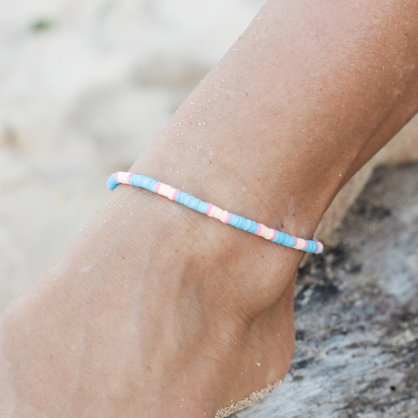 Lucky Bay Clay Beaded Anklet, Handmade by Pineapple Island | Surfer Ankle Bracelet, Perfect Gift for Her | Beach Vibes