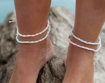 Hawaiian Kilauea Wood Beaded Anklet - Surfer Style Jewelry by Pineapple Island | Adjustable Ankle Bracelet, Shell Accent