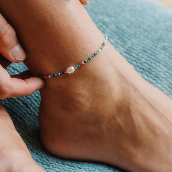 Rainbow Pearl Ankle Bracelet, Retro Boho Beach Jewelry, Handmade Anklet for Women