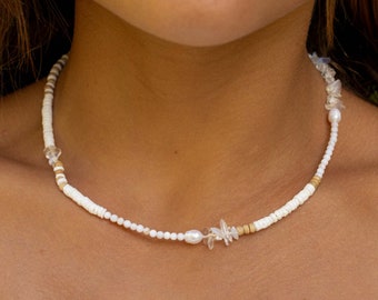 Natural Stone, Pearl & Shell Necklace Handmade by Pineapple Island | Gemstone Bead Necklace for Her | Mothers Day