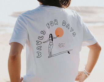 Ethisch hergestelltes übergroßes Surf-T-Shirt: Waves for Days Siebdruck-Top | Umweltfreundlicher Siebdruck, Damenoberteil