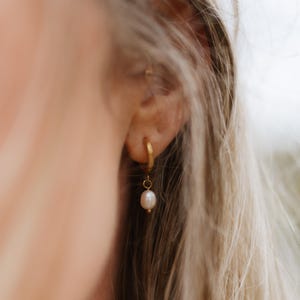 Freshwater Pearl & Gold Drop Huggie Earrings: Handmade Jewelry