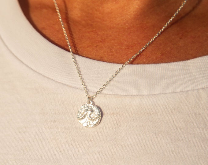 Ocean Breeze Charm Necklace | Hammered Wave, Silver Plated, Coin Pendant | Surfer, Beach, Boho Jewelry by Pineapple Island