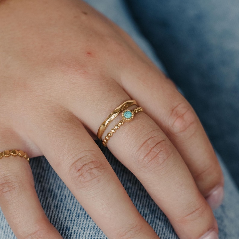 Turquoise Stone Double Ring, Adjustable Stainless Steel Birthstone Ring by Pineapple Island, Stacking Waterproof Jewelry, Ideal Gift for Her