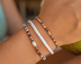 Puka Shell Bracelet Set: Coconut Wood & Freshwater Pearl - Siargao Island Inspired