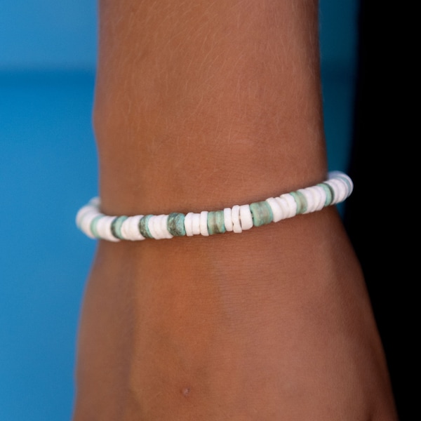 Puka Shell Beaded Bracelet: Green Coconut Wood, Adjustable Surfer Style