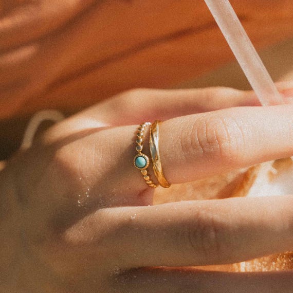 Gold Turquoise Stone Double Ring: Waterproof Jewelry