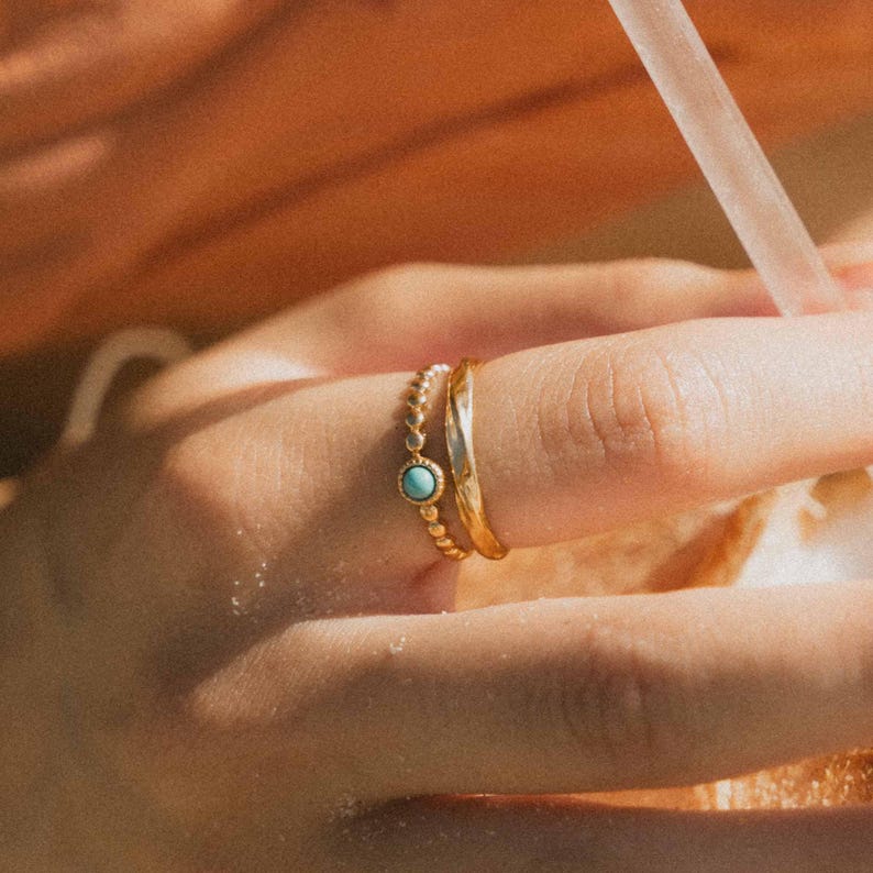 Gold Turquoise Stone Double Ring: Waterproof Jewelry image 1