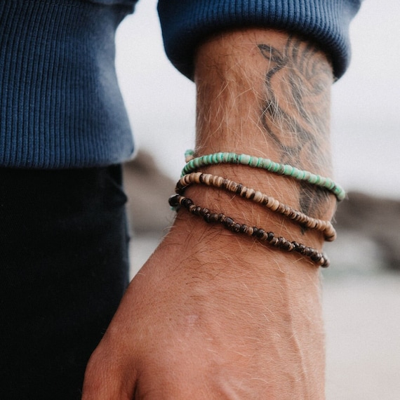 Mens Beach Bracelet with Palm Wood Beads and Turquoise Color