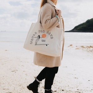 Waves For Days Recycled Tote Bag | Large Canvas Eco-Friendly Beach Bag with Screenprint Design, Perfect Eco-Friendly Beach Accessory