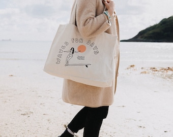 Waves For Days Recycled Tote Bag | Large Canvas Eco-Friendly Beach Bag with Screenprint Design, Perfect Eco-Friendly Beach Accessory