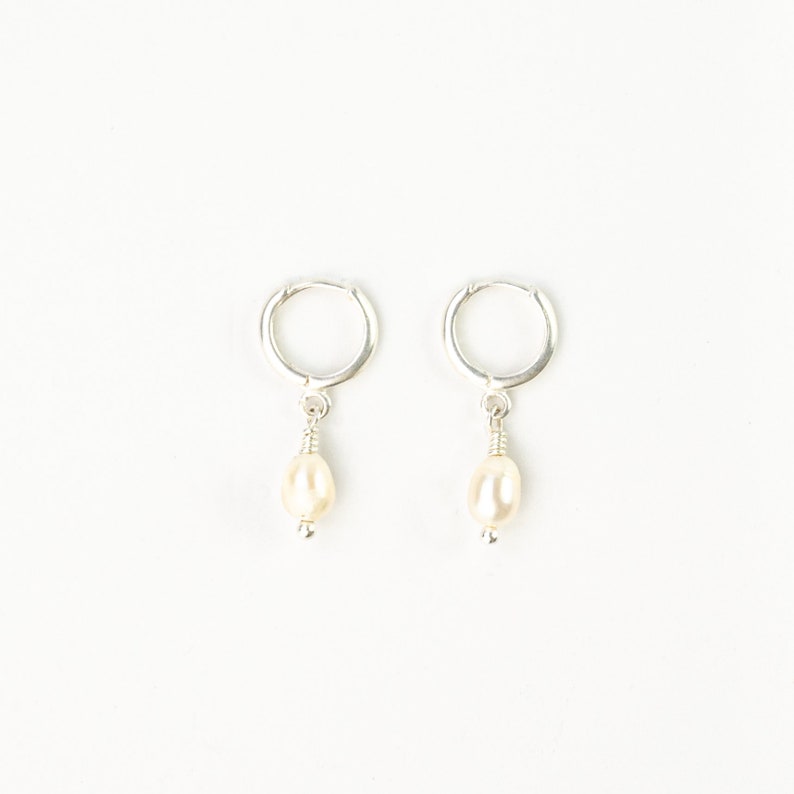 Pearl Earrings by Pineapple Island Delicate Handmade Huggie Earrings with Dangling Pearl Charm Bridal Gifts Pearl Jewelry image 3