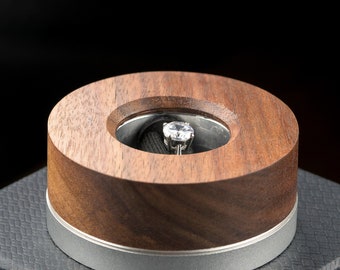 Unique Slim Wood Engagement Ring Box:  Steel Mechanical Iris