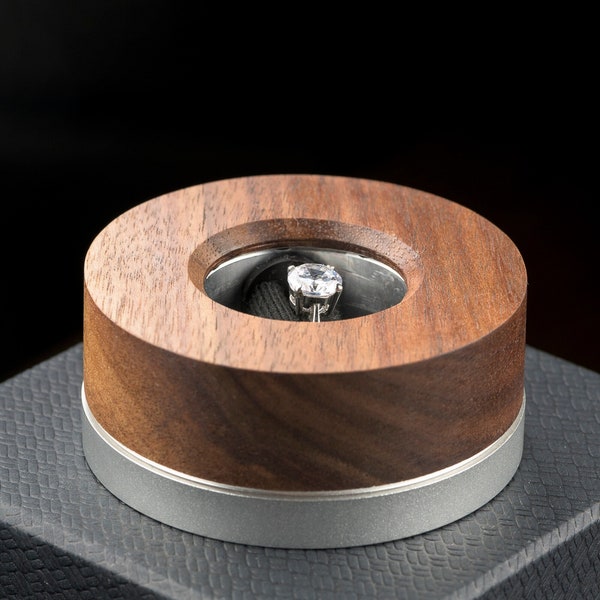 Slim Engagement Ring Box - Walnut and Stainless Steel Mechanical Iris Ring Box