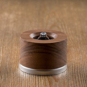 Wood and aluminum engagement ring box front view