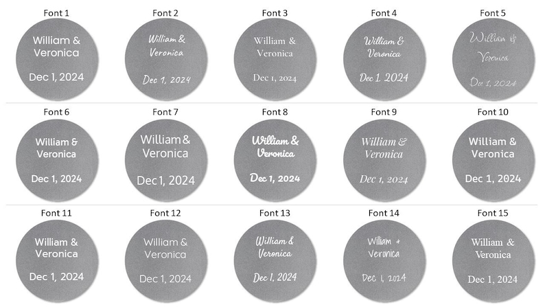 May include: Fifteen different font styles for a personalized wedding or anniversary ornament. The ornament is a silver circle with the text "William & Veronica" and "Dec 1, 2024".