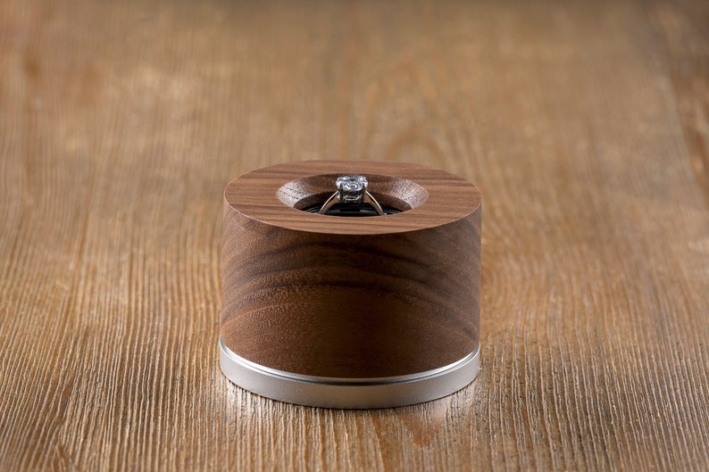 Wood and aluminum engagement ring box front view