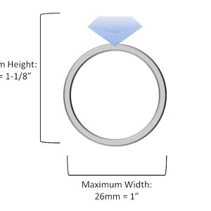 May include: A silver ring with a light blue diamond. The ring is 1-1/8 inches tall and 1 inch wide.