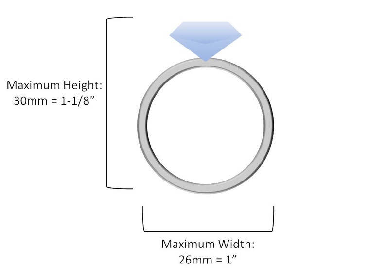 May include: A silver ring with a light blue diamond. The ring is 1-1/8 inches tall and 1 inch wide.