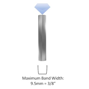 May include: A silver ring with a maximum band width of 9.5mm or 3/8 inch. The ring is shown with a diamond on top.
