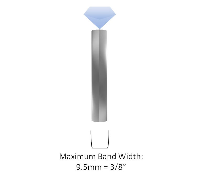 May include: A silver ring with a maximum band width of 9.5mm or 3/8 inch. The ring is shown with a diamond on top.
