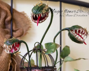 Carnivorous plant with teeth - artificial plant out of cold porcelain. Spooky magic gift or home decor