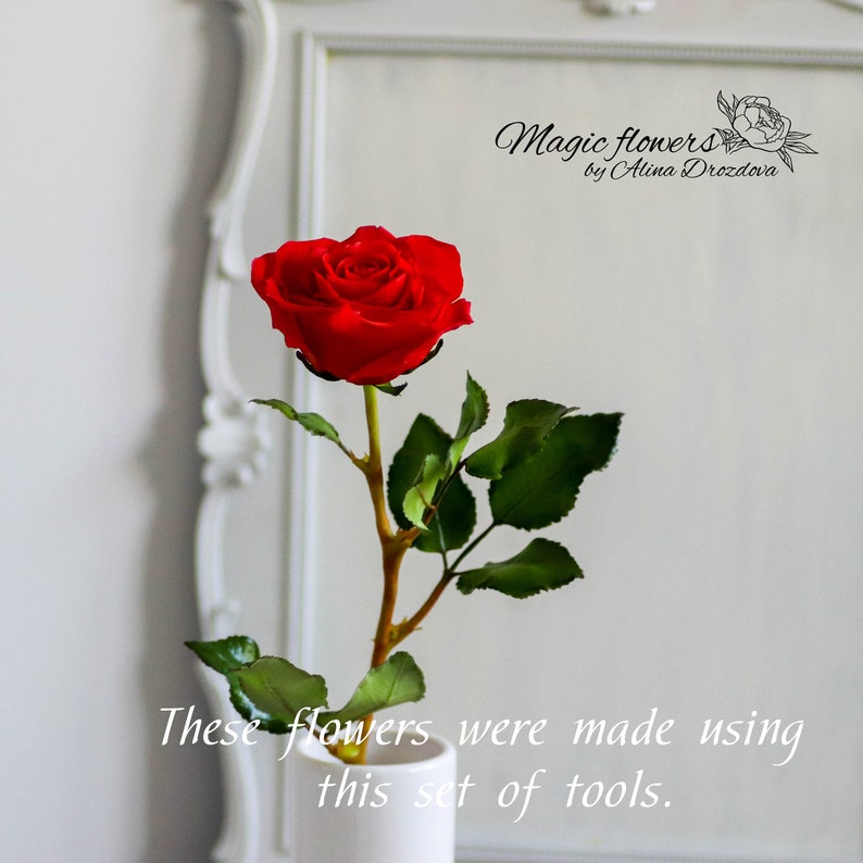 May include: A single red rose with green leaves in a white vase. The text "Magic flowers by Alina Drozdova" is above the rose. The text "These flowers were made using this set of tools." is below the rose.