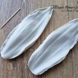 May include: Two white silicone molds for making flower petals. The molds are shaped like long, narrow leaves with a textured surface.