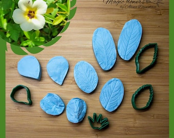 Turnera with small leaves silicone Veiner and plastic Cutter Set - Perfect for Cold porcelain, Polymer Clay and Fondant. Exotic flower set