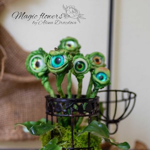 不気味なデッキトップデコレーション - 目のある植物。冷たい磁器/粘土の花。魔法の魔女のようなデコレーション