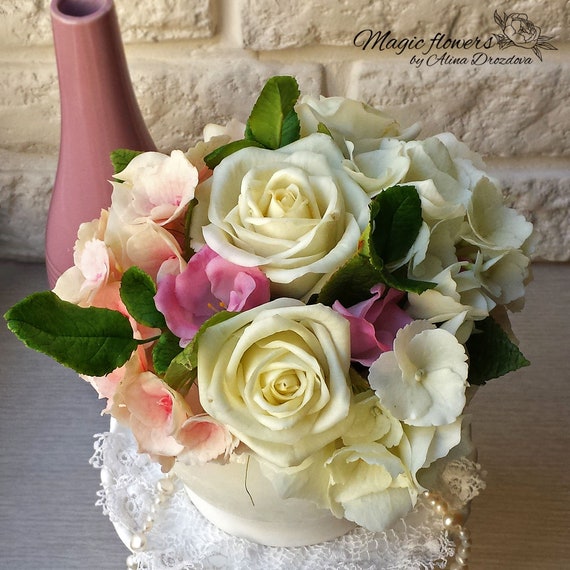 Hortensia Rose Bouquet Fleur De Porcelaine Froide Argile