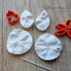Può includere: Un set di stampi in silicone per realizzare decorazioni floreali, tra cui due stampi rotondi, due stampi a forma di lacrima e un tagliapasta a forma di fiore. Gli stampi sono bianchi e il tagliapasta è arancione.