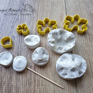Può includere: Un set di stampi in silicone per l'artigianato, con forme di foglie e fiori. Gli stampi sono bianchi e grigi, e gli stampini sono gialli. Il testo "Magic Flowers by Alina Drozdova" è visibile nell'angolo in alto a sinistra.