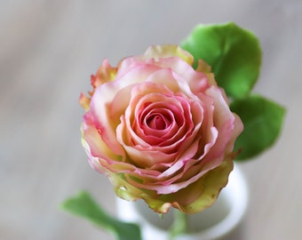 Pink Esperanza rose artificial flower out of cold porcelain