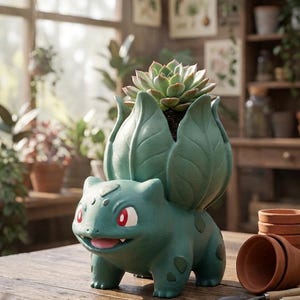 May include: A green Bulbasaur plant pot holding a succulent. The pot is a detailed, sculpted figure of the Pokémon character, with red eyes and a smiling mouth. The succulent has green leaves in a rosette shape. The pot is on a wooden surface.