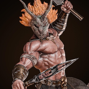 May include: A muscular warrior figurine with orange hair and a weathered grey horned mask. The figure wears dark textured trousers with a gold skull belt buckle, metallic arm guards, and holds a long spear in one hand and a broad sword in the other.