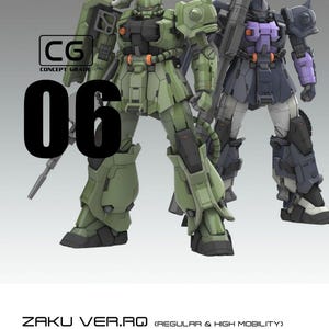 May include: Two detailed model robots, one in olive green and black, the other in dark blue and purple. The green robot has a large number "06" in front of it. The text "ZAKU VER.RQ" and "SCALE: 1/100" are visible. Total height is 17.7 cm.