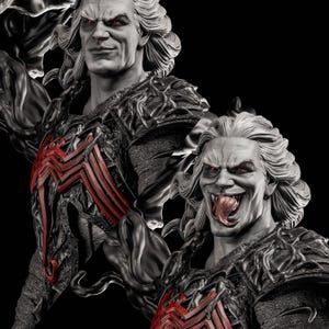 May include: A grayscale sculpture of a character with pale skin, red eyes, and long, wavy white hair. The character wears a dark, textured outfit with a red spider-like emblem on the chest. One image shows the character with its tongue out.