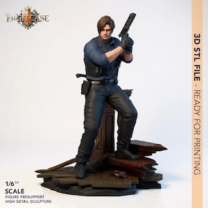 May include: A detailed figurine of a man in a blue shirt, black vest, and trousers, holding a gun. The figure stands on a wooden base with debris. Text on the side reads "3D STL FILE - READY FOR PRINTING" and "1/6TH SCALE".
