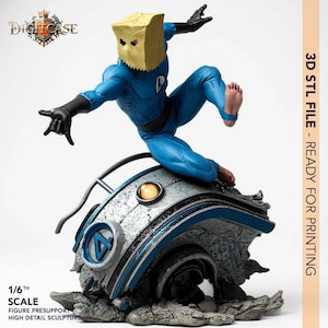 May include: A blue action figure of a superhero with a paper bag mask, black gloves, and bare feet, posed dynamically on a futuristic base. The figure is labeled as 1/6th scale and ready for 3D printing. The base is gray and blue with a circular design.