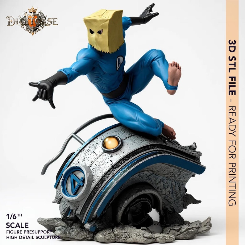 May include: A blue action figure of a superhero with a paper bag mask, black gloves, and bare feet, posed dynamically on a futuristic base. The figure is labeled as 1/6th scale and ready for 3D printing. The base is gray and blue with a circular design.