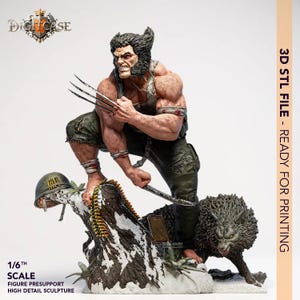 May include: A detailed Wolverine action figure, poised in a dynamic pose with claws extended. The figure is part of a 1/6th scale high-detail sculpture, ready for 3D printing. The figure is set on a snowy base with a wolf and a helmet.