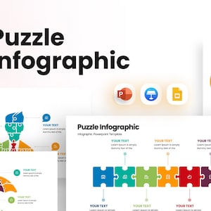 May include: A set of colorful puzzle infographic PowerPoint templates. The templates feature different puzzle shapes, including a person, an umbrella, and a heart. Each puzzle piece has a space for text and a dotted line to connect to the next piece. The text on the slides reads "Puzzle Infographic" and "Infographic PowerPoint Template".