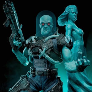 May include: A detailed statue of Mr. Freeze, a DC Comics supervillain, holding a futuristic weapon. The figure is predominantly blue with red eyes and a transparent helmet. A translucent ice sculpture of a woman stands beside him, set against a dark background.