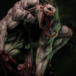 May include: A highly detailed, muscular creature figurine with pale, veined skin, sharp horns, and a wide, gaping mouth filled with rows of jagged teeth. A long, red, forked tongue extends from the mouth, and the creature has dark, clawed hands.