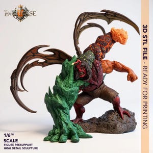May include: A detailed 1/6th scale sculpture of a monstrous figure, featuring a red-skinned face, brown pants, and a fiery upper body. The figure is posed with a large green crystalline structure. The image includes the text "3D STL FILE - READY FOR PRINTING".