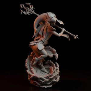 May include: A detailed sculpture of a figure with a dolphin-shaped headdress and a trident. The figure is posed dynamically, seemingly emerging from stylized waves. The sculpture is in a neutral color, with intricate details.