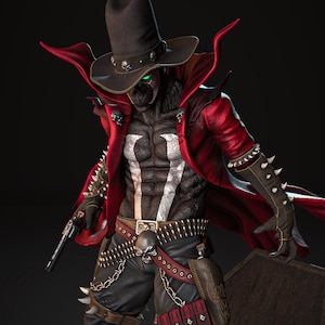 May include: A detailed figurine of a character in a black hat with skull accents, a red coat, and black trousers. The character has a white emblem on the chest, a gun, and a belt with skull details. The figure has a menacing expression with glowing green eyes.