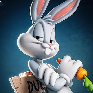 May include: A detailed 3D rendering of Bugs Bunny, the iconic cartoon character. He is gray and white with pink inner ears, holding a carrot with green leaves. A cardboard box with the word "DU" is visible.